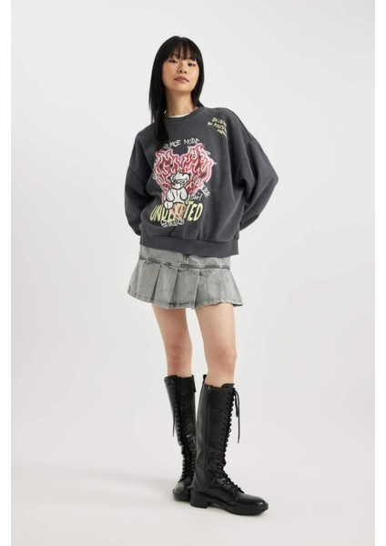 Coool Oversize Geniş Kalıp Baskılı Bisiklet Yaka Soluk Yıkama Efektli Kalın Sweatshirt B9427AX23WN