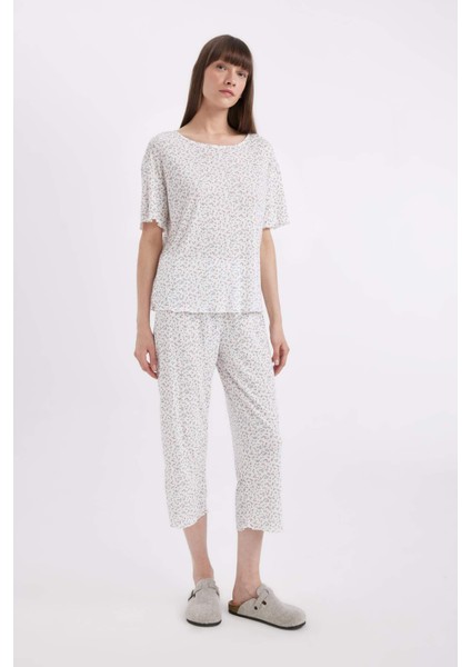 Regular Fit Desenli Kısa Kollu Pijama Takımı-Fall in Love D1537AX24SM