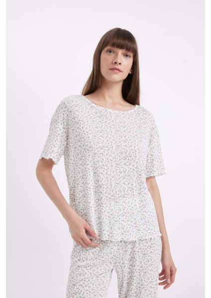 Regular Fit Desenli Kısa Kollu Pijama Takımı-Fall in Love D1537AX24SM