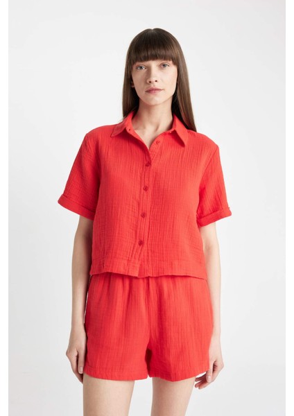 Boxy Fit Müslin Kısa Kollu Gömlek D0583AX24SM
