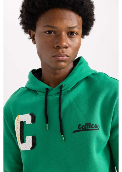 DeFactoFit NBA Boston Celtics Standart Fit Kapüşonlu Kalın Sweatshirt A7277AX23AU