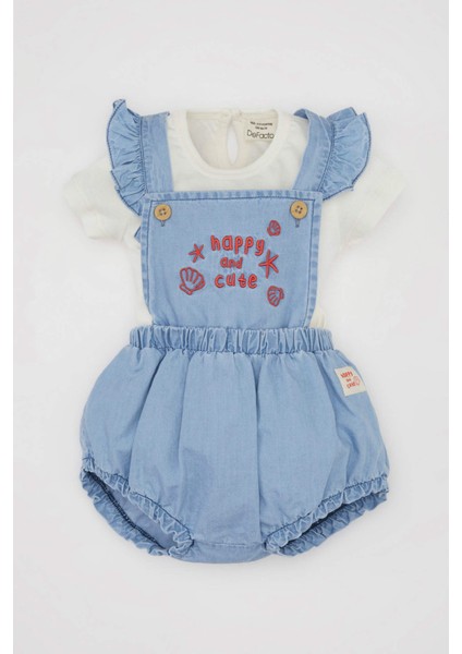 Kız Bebek 2'li Takım Kısa Kollu Tişört Üst Yumuşak Nakışlı Jean Tulum D0790A524HS