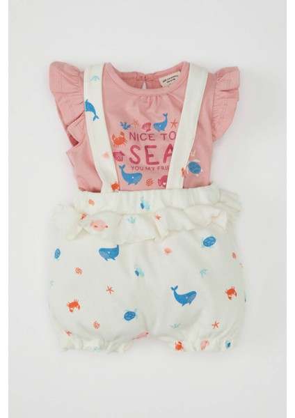 Kız Bebek 2'li Takım Deniz Baskılı Fitilli Kaşkorse Kısa Kolu Tişört Askılı Tulum D0793A524HS