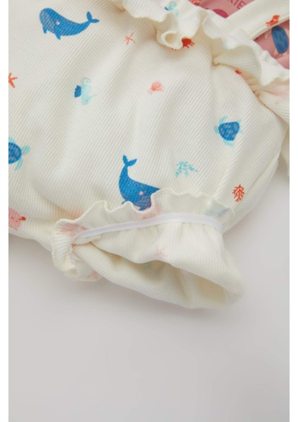 Kız Bebek 2'li Takım Deniz Baskılı Fitilli Kaşkorse Kısa Kolu Tişört Askılı Tulum D0793A524HS