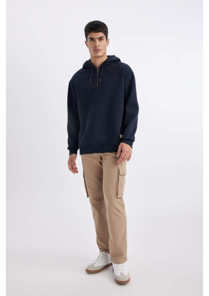 Oversize Geniş Kalıp Kapüşonlu Yarım Fermuarlı Sweatshirt B4846AX24SP