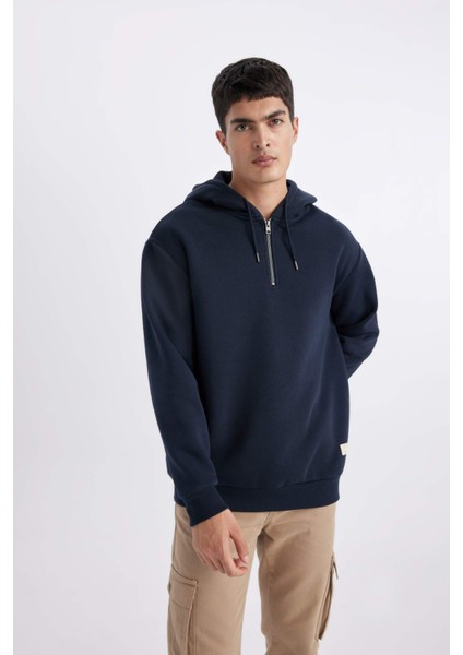 Oversize Geniş Kalıp Kapüşonlu Yarım Fermuarlı Sweatshirt B4846AX24SP