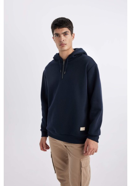 Oversize Geniş Kalıp Kapüşonlu Yarım Fermuarlı Sweatshirt B4846AX24SP