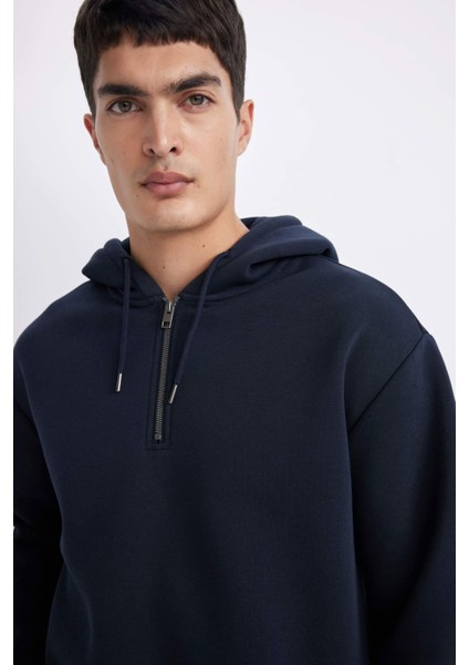 Oversize Geniş Kalıp Kapüşonlu Yarım Fermuarlı Sweatshirt B4846AX24SP