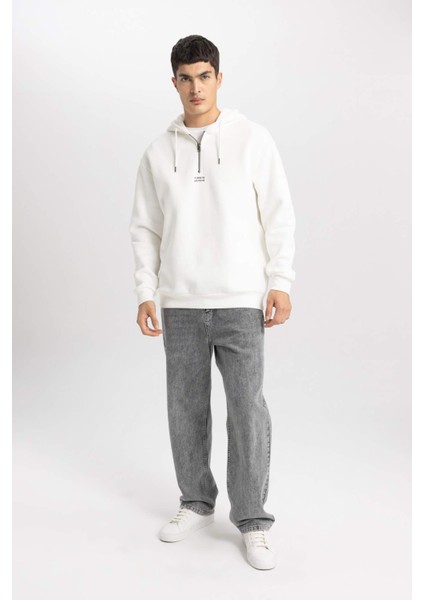 Oversize Geniş Kalıp Yarım Fermuarlı Baskılı Kapüşonlu Sweatshirt B4847AX24SP