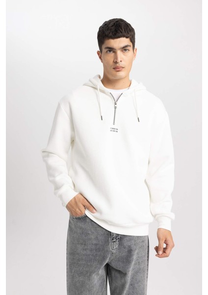 Oversize Geniş Kalıp Yarım Fermuarlı Baskılı Kapüşonlu Sweatshirt B4847AX24SP