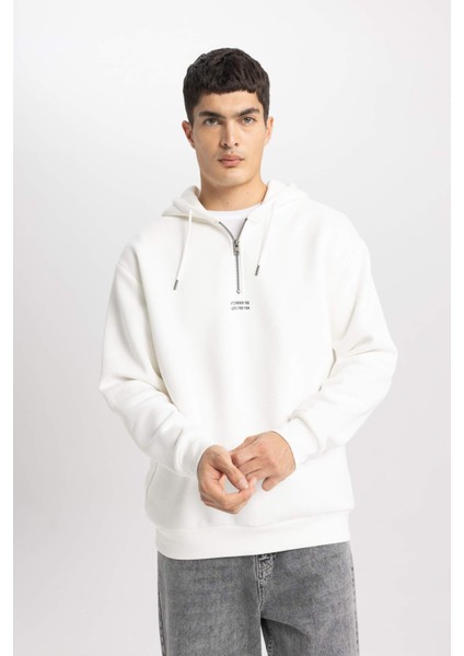 Oversize Geniş Kalıp Yarım Fermuarlı Baskılı Kapüşonlu Sweatshirt B4847AX24SP
