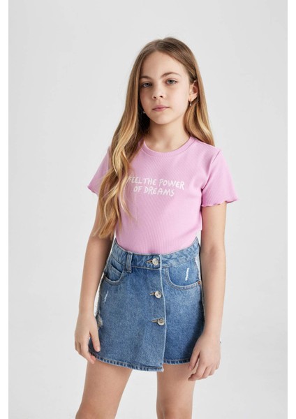 Kız Çocuk Slim Fit Dar Kesim Bisiklet Yaka Baskılı Fitilli Kaşkorse Kısa Kollu Tişört B6689A824SM