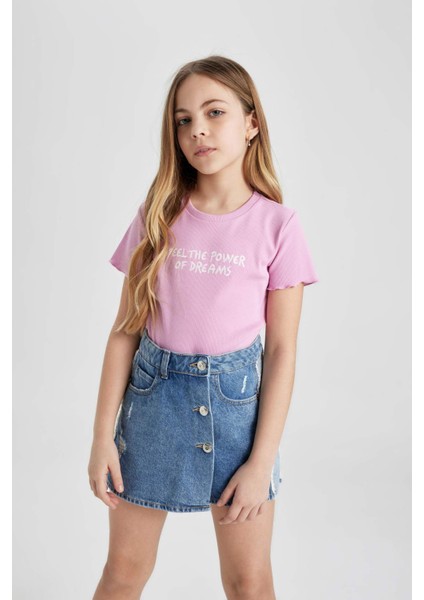 Kız Çocuk Slim Fit Dar Kesim Bisiklet Yaka Baskılı Fitilli Kaşkorse Kısa Kollu Tişört B6689A824SM