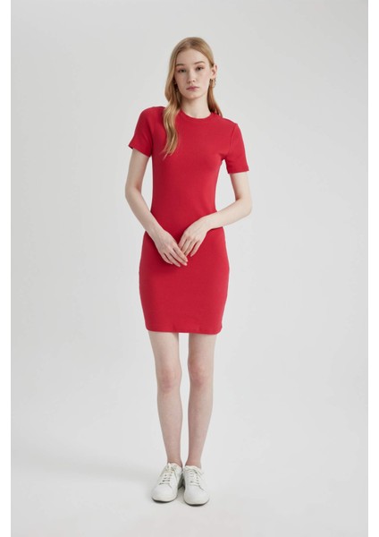Coool Bodycon Vücudu Saran Bisiklet Yaka Fitilli Kaşkorse Kısa Kollu Mini Elbise C1503AX24SP