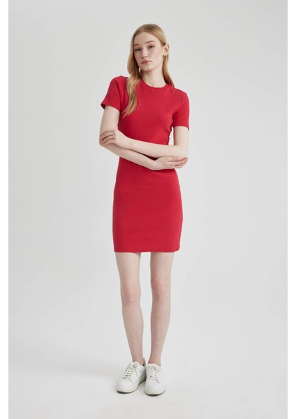 Coool Bodycon Vücudu Saran Bisiklet Yaka Fitilli Kaşkorse Kısa Kollu Mini Elbise C1503AX24SP