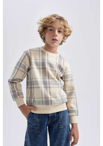 Erkek Çocuk Bisiklet Yaka Desenli Flanel Sweatshirt B5390A823WN