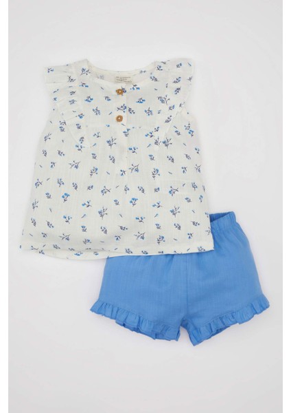 Kız Bebek 2'li Takım Çiçekli Poplin Kolsuz Bluz Şort C9527A524SM