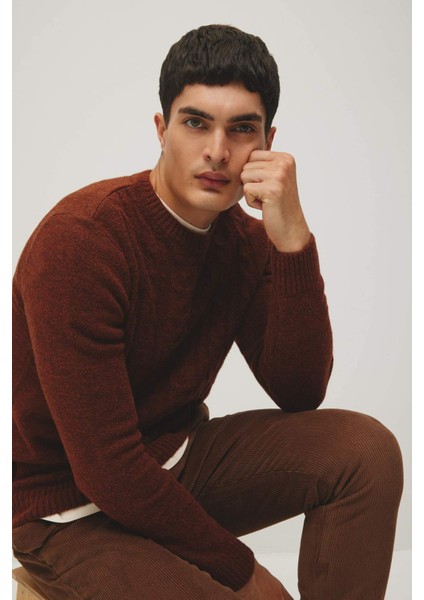 Standart Fit Normal Kesim Saç Örgülü Bisiklet Yaka Triko Kazak A9516AX23WN