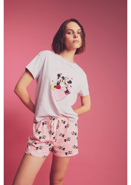 Fall in Love Disney Mickey & Minnie Kısa Kollu Şortlu Pijama Takımı B3650AX24SP