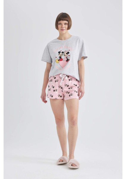 Fall in Love Disney Mickey & Minnie Kısa Kollu Şortlu Pijama Takımı B3650AX24SP