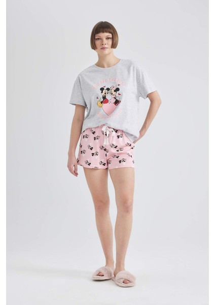Fall in Love Disney Mickey & Minnie Kısa Kollu Şortlu Pijama Takımı B3650AX24SP