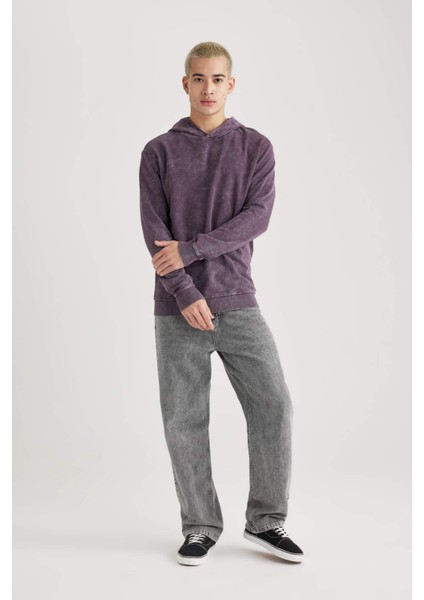 Regular Fit Kapüşonlu Yıkamalı Soluk Efektli Basic Düz Sweatshirt B9220AX23WN