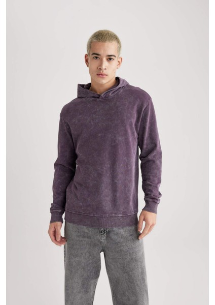 Regular Fit Kapüşonlu Yıkamalı Soluk Efektli Basic Düz Sweatshirt B9220AX23WN
