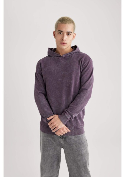 Regular Fit Kapüşonlu Yıkamalı Soluk Efektli Basic Düz Sweatshirt B9220AX23WN