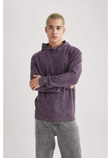 Regular Fit Kapüşonlu Yıkamalı Soluk Efektli Basic Düz Sweatshirt B9220AX23WN