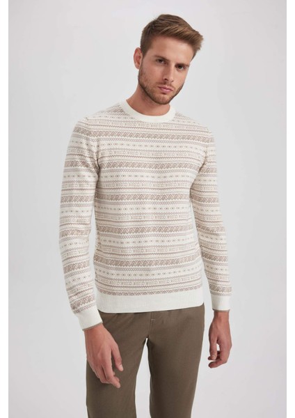 Standart Fit Normal Kesim Desenli Bisiklet Yaka Triko Kazak Y0609AZ23WN