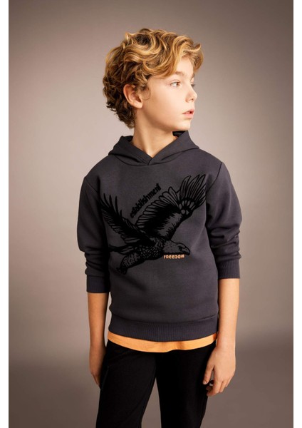 Erkek Çocuk Baskılı Kapüşonlu Kalın Sweatshirt B6316A823CW