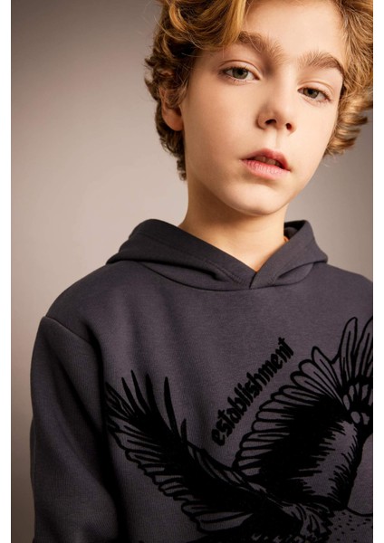 Erkek Çocuk Baskılı Kapüşonlu Kalın Sweatshirt B6316A823CW fırsatları