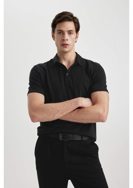 Slim Fit Dar Kesim Polo Yaka Pamuklu Kısa Kollu Siyah Tişört X2594AZ24SM modelleri