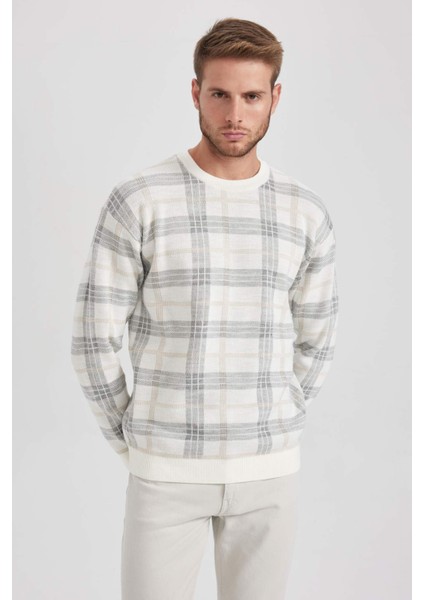 Relax Fit Bisiklet Yaka Desenli Triko Kazak Y0619AZ23WN modelleri