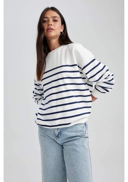 Relax Fit Çizgili Bisiklet Yaka Sweatshirt A9255AX23WN