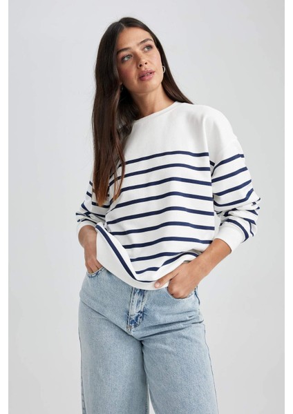 Relax Fit Çizgili Bisiklet Yaka Sweatshirt A9255AX23WN modelleri