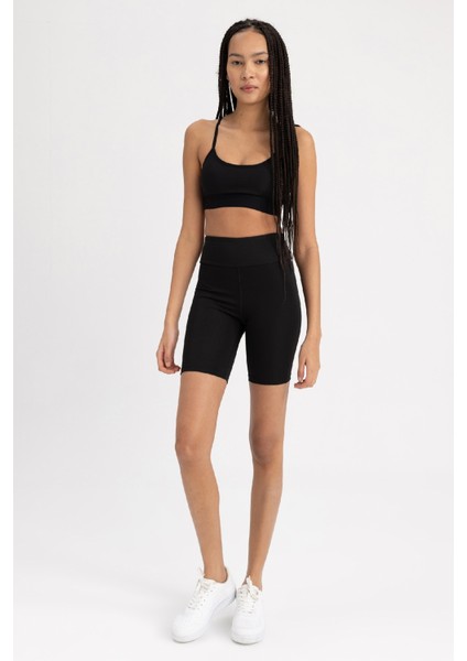 Fit Siyah Yüksek Bel Beli Saran Biker Esnek Kısa Basic Düz Sporcu Tayt Z6741AZ23SP