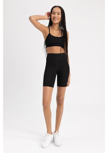 Fit Siyah Yüksek Bel Beli Saran Biker Esnek Kısa Basic Düz Sporcu Tayt Z6741AZ23SP