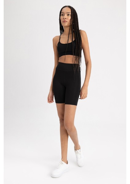 Fit Siyah Yüksek Bel Beli Saran Biker Esnek Kısa Basic Düz Sporcu Tayt Z6741AZ23SP