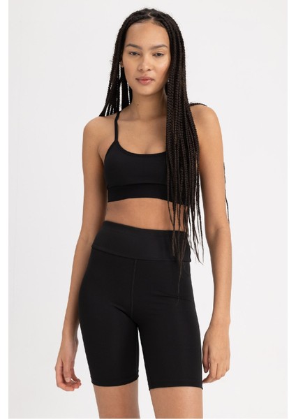 Fit Siyah Yüksek Bel Beli Saran Biker Esnek Kısa Basic Düz Sporcu Tayt Z6741AZ23SP