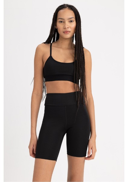 Fit Siyah Yüksek Bel Beli Saran Biker Esnek Kısa Basic Düz Sporcu Tayt Z6741AZ23SP