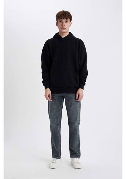 Siyah Oversize Geniş Kalıp Kapüşonlu Kanguru Cepli İçi Yumuşak Tüylü Basic Düz Sweatshirt Y1237AZ23AU fiyatları