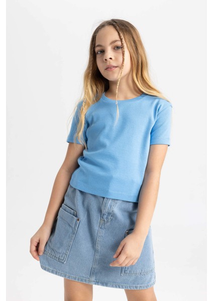 Kız Çocuk Slim Fit Dar Kesim Bisiklet Yaka Ribana Basic Düz Kısa Kollu Tişört B3054A824SM