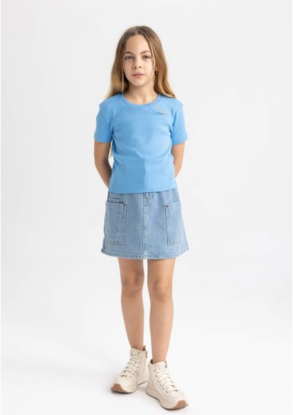 Kız Çocuk Slim Fit Dar Kesim Bisiklet Yaka Ribana Basic Düz Kısa Kollu Tişört B3054A824SM