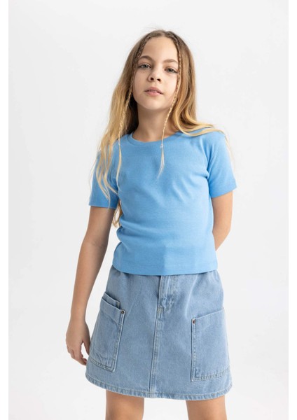 Kız Çocuk Slim Fit Dar Kesim Bisiklet Yaka Ribana Basic Düz Kısa Kollu Tişört B3054A824SM