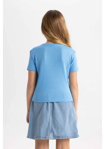 Kız Çocuk Slim Fit Dar Kesim Bisiklet Yaka Ribana Basic Düz Kısa Kollu Tişört B3054A824SM