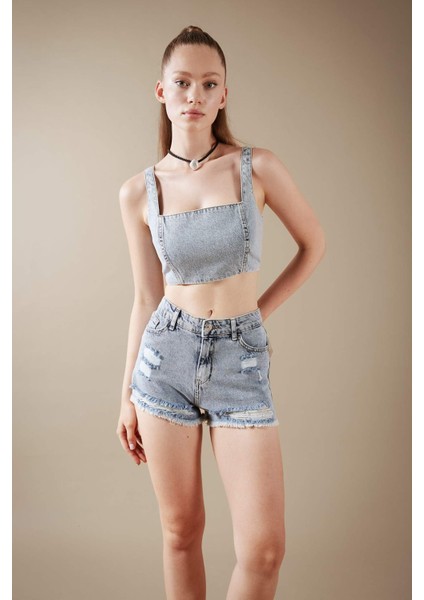 Crop Kare Yaka %100 Pamuk Jean Bluz A8524AX23HS