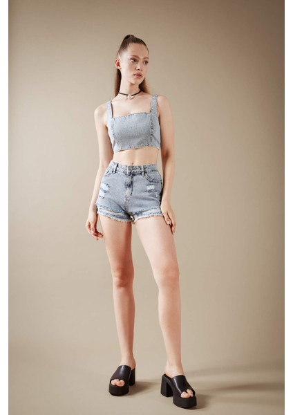 Crop Kare Yaka %100 Pamuk Jean Bluz A8524AX23HS