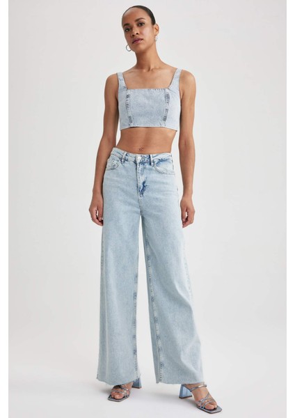 Crop Kare Yaka %100 Pamuk Jean Bluz A8524AX23HS