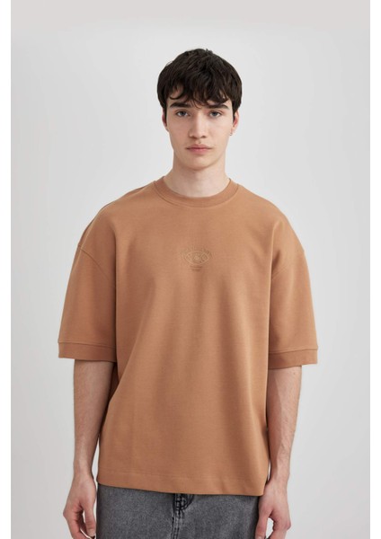 Loose Fit Bisiklet Yaka Baskılı Ağır Kumaş Kısa Kollu Tişört B8637AX24SM fırsatları